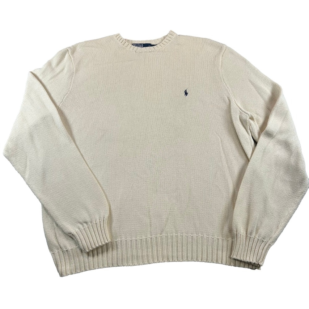 Polo Ralph Lauren Sweater Mens XXL Cream Beige Crewneck Cotton Knit Pony Logo